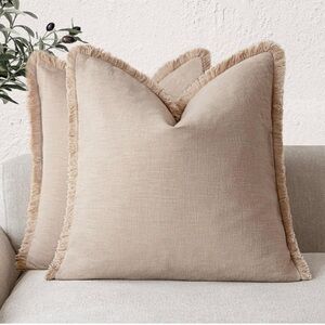 Set of 2 Decorative Linen Fringe Throw Pillow Covers Boho 26x26 Tan Beige